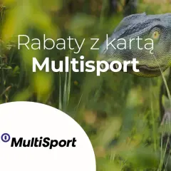 Model dinozaura w trawie z napisem "Rabaty z kartą Multisport".