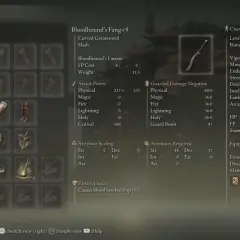 W ekwipunku Elden Ring, Bloodhound's Fang+9, zakrzywiony wielki miecz, gotowy do walki.