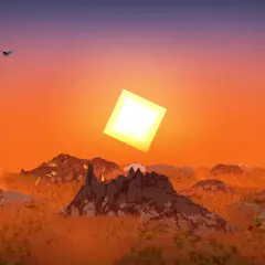 Krajobraz z gry komputerowej z widokiem na góry i pustynię, gdzie słońce świeci w sposób beyond belief shaders. Ptak leci na tle pomarańczowego nieba.