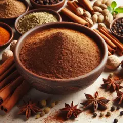 Mieszanka przypraw garam masala w misie, otoczona cynamonem, anyżem, pieprzem i gałką muszkatołową.