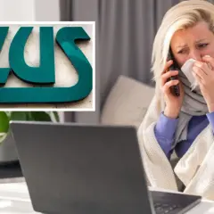 Kobieta chora, owinięta kocem, rozmawia przez telefon, obok logo ZUS. Kontrola ZUS L4.