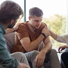 Trzy osoby siedzą na kanapie, dwie kładą ręce na ramionach smutnego mężczyzny.