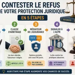Infographie expliquant les 5 étapes pour contester un refus d'assurance, incluant une lettre réclamation assurance sinistre.