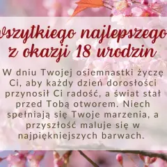 Życzenia na 18 urodziny z podziękowaniami dla rodziców. W tle kwitnące drzewo wiśni.
