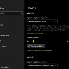 Ustawienia dźwięku w laptopie. Wybierz urządzenie wyjściowe, np. Głośniki (Realtek Audio), aby włączyć dźwięk. Dostosuj głośność główną.