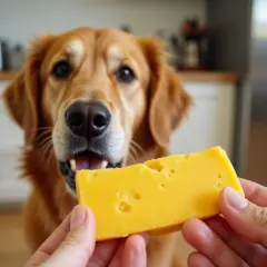 Złoty retriever patrzy z nadzieją na kawałek sera żółtego. Czy pies może jeść ser żółty? To pytanie zadaje sobie wielu właścicieli.