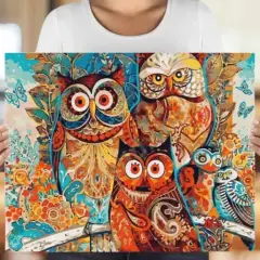 Buntes Bild mit mehreren Eulen und Schmetterlingen, gehalten von einer Person.