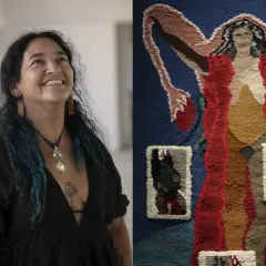 Konstnären ler mot taket i Sven-Harrys konsthall. Bredvid syns en vävd bild av en kvinna med inbäddade foton.