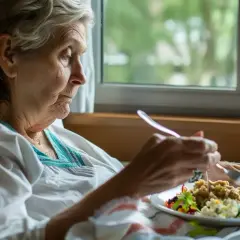 Starsza kobieta w łóżku je posiłek. Jej dieta jest ważna dla rekonwalescencji, podobnie jak zabiegi w ramach balneologii.