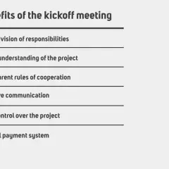 Korzyści z kickoff meeting: jasny podział obowiązków, lepsze zrozumienie projektu, przejrzyste zasady współpracy, efektywna komunikacja, większa kontrola nad projektem, optymalny system płatności.
