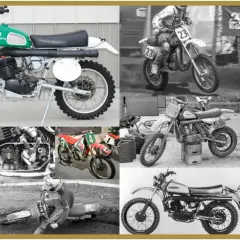 Kolaż zdjęć motocykli Husqvarna, od klasycznych modeli po wyścigowe maszyny.