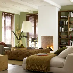 Gemütliches Wohnzimmer im kolonial stil mit Kamin, Bücherregal und bequemen Sitzmöbeln.