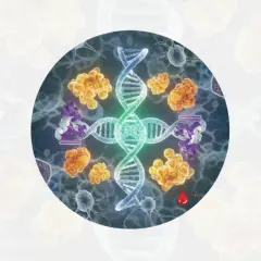 Molekularne podstawy fenyloketonurii: DNA, białka i komórki nerwowe. Kropelka krwi symbolizuje diagnostykę.