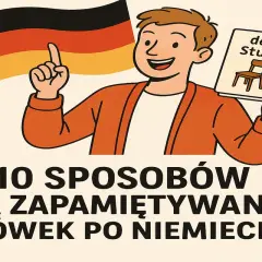 Chłopak z flagą Niemiec i kartą "der Stuhl" uczy się słówek po niemiecku. 10 sposobów na zapamiętywanie.
