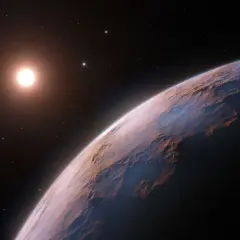 Widok z kosmosu na planetę o skalistej powierzchni, oświetloną przez gwiazdę Proxima Centauri.