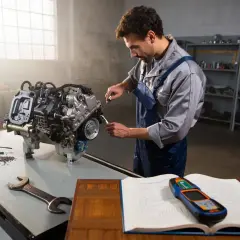 Mécanicien travaillant sur un moteur, peut-être pour une suppression vanne egr. Outils et manuel à portée de main.