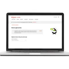 Laptop z otwartą stroną internetową Energa, widok panelu klienta z opcjami zgłoszeń.