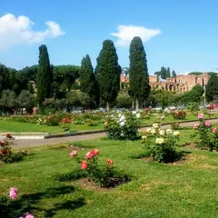 Un tripudio di colori nei giardini di rose, con antiche rovine sullo sfondo.
