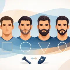 Quatre hommes présentent différents styles de barbe, du rasage net à la barbe basse. Des formes géométriques et des outils de rasage illustrent les options.