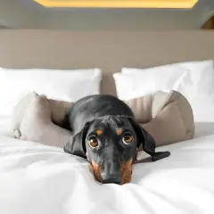 Uroczy jamnik odpoczywa w swoim legowisku na hotelowym łóżku.