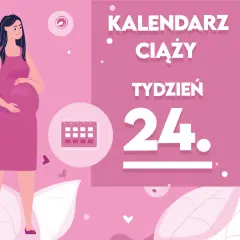 Kobieta w 24 tygodniu ciąży, z brzuszkiem. Obok kalendarz i napis "Kaledarz ciąży tydzień 24".