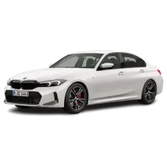 Białe BMW 318i z czarnym grillem i felgami, z czerwonymi zaciskami hamulcowymi.