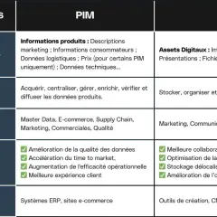 Tableau comparatif PIM vs DAM. Le DAM gère les assets digitaux pour une entreprise, optimisant leur stockage et diffusion.