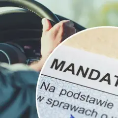Kierowca trzyma kierownicę, a obok dokument z napisem "Mandat". Sytuacja sugeruje odmowa przyjęcia mandatu.