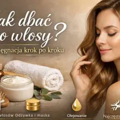Kobieta z lśniącymi włosami i kosmetykami do pielęgnacji. Poradnik: kolejność nakładania kosmetyków na włosy, od mycia po olejowanie.