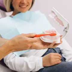 Dentysta pokazuje na modelu, jak prawidłowo szczotkować zęby, by zapobiegać ubytkom klinowym.