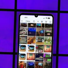 Phone screen showing photos, with a guide on how to move photos from phone to Google Drive.