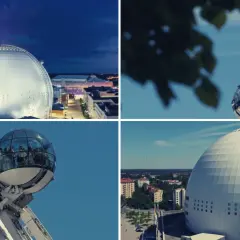 Avicii Arena Stockholm, en ikonisk sfärisk byggnad, med dess glasgondoler som klättrar längs fasaden.