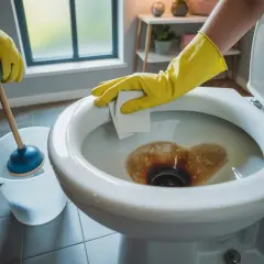En person med gula handskar rengör en smutsig toalett med en svamp. En sugpropp i en hink står redo.