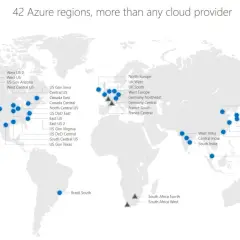 Carte mondiale des 42 régions Azure de Microsoft, incluant des data centers en Amérique du Nord, Europe, Asie et Australie.