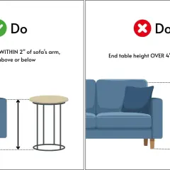 Correct end table height is within 2" of sofa arm. Avoid tables over 4" taller than the sofa arm.