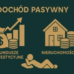 Grafika ilustruje dochód pasywny: worek z dolarem, wykres wzrostu, monety, dom i osoba odpoczywająca.