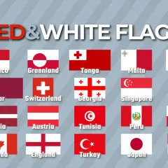 Bandiera bianca e rossa mare: un collage di bandiere nazionali, tra cui Monaco, Tonga, Malta, Bahrain, Qatar, Svizzera, Georgia, Singapore, Danimarca, Lettonia, Austria, Tunisia, Perù, Polonia, Canada, Inghilterra, Turchia, Giappone, Indonesia.
