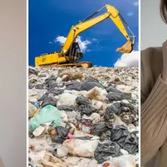 Kobieta w białej koronkowej sukience, wysypisko śmieci z koparką, kobieta w beżowym golfie. Czy to wszystko to syntetyki?