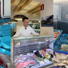 Hombre revisa cajas de pescado fresco, parte de la pesca trasmallo, listo para exhibir en el restaurante.