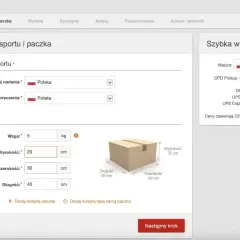 Formularz do zamówienia przesyłki, gdzie podaje się wymiary paczki: wagę 5 kg, wysokość 20 cm, szerokość 30 cm i długość 40 cm.