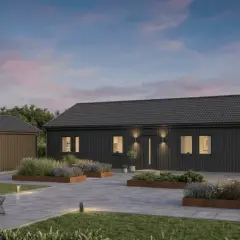 Modernt mörkt hus med garage och vackra planteringar. Drömmen om att bygga hus billigt blir verklighet med denna stilrena design.