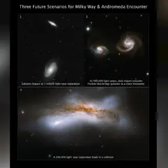 Tre scenarier för Vintergatan och Andromeda-galaxen: en omflygning, en nära passage och en kollision.