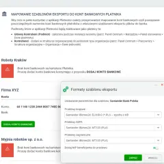 Konfiguracja szablonów eksportu do kont bankowych płatnika. Wybór rodzaju konta bankowego dla przelewów krajowych, SEPA i zagranicznych.