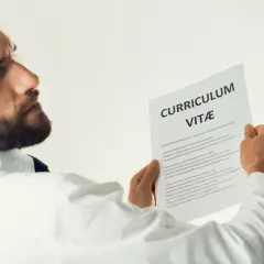 Mężczyzna w białej koszuli analizuje CV, szukając kluczowych kompetencji.