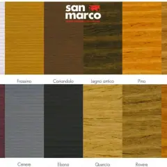 Tabella colori legno naturali: campioni di diverse tonalità, dall'incolore al Teak, passando per tonalità come Quercia e Ebano.