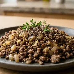 Viande hachée recette simple, garnie d'oignons et d'herbes fraîches, sur une assiette grise. Un plat savoureux et facile à préparer.
