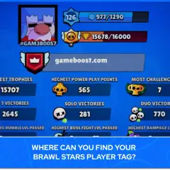 Statystyki gracza w Brawl Stars: 15707 trofeów, 2645 zwycięstw 3v3, 281 zwycięstw solo.