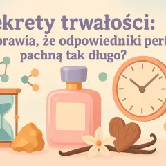 Klepsydra, zegar, butelka perfum i składniki zapachowe na tle chmur.