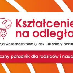 Grafika z ikonami komputera i telefonu, tekstem "Kształcenie na odległość" i napisem "Praktyczny poradnik".