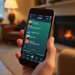 Dłoń trzyma smartfon z aplikacją Spotify, gotową do odtworzenia muzyki, np. z playlisty Yamaha.